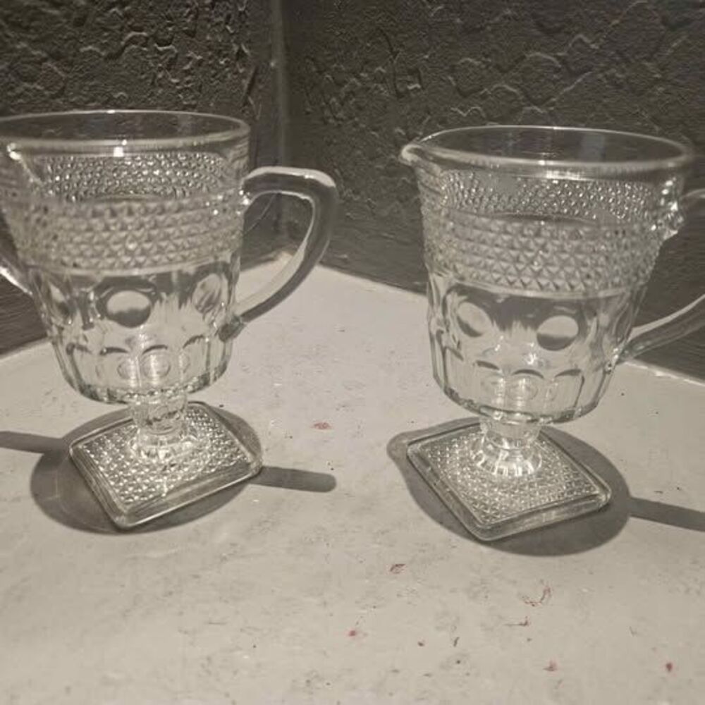 Anchor Hocking Wexford Creamer Pitcher and Sugar Set w Handles & Square Base